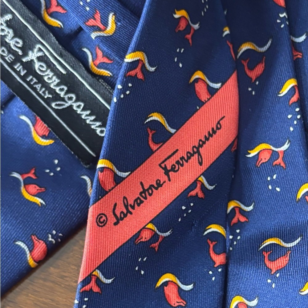Salvatore Ferragamo Blue Silk Tie with Red and Yellow Fish Design 100% silk